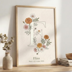 May include: A framed print with the letter "F" decorated with flowers in shades of orange, pink, and white. The print includes the name "Eliza" and the date "15 October 2024". The frame is light brown. The print is a decorative item.