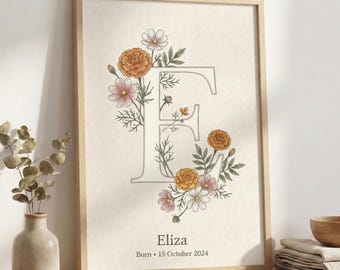 PERSONALIZED Baby Birth Flower Print, Custom Nursery Wall Art, Personalized Newborn Gifts, Floral Initial Wall Art, Monogram Wall Decor