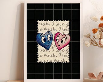 Valentines Stamp Wall Art, Valentine Wall Decor, I Love You So Much Print, Love Letter Art, Cute Hearts Valentines Gift – Digital Download