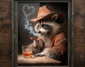 Cowboy Raccoon Art Print, Vintage Western Saloon Speakeasy Bar Decor, Moody Wall Art Funny Animal Man Cave Art, Rustic Whiskey Lounge Poster