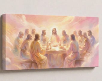 The Last Supper Art PRINTABLE – Jesus and Twelve Apostles, Panoramic Christian Wall Art, Religious Home Decor, Pastel Dining Room Wall Decor