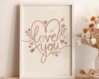 Love You Heart One Line Art, Blush Pink Wall Art, Minimalist Romantic Print, Feminine Wall Art Gift, Valentine Wall Decor – Digital Download