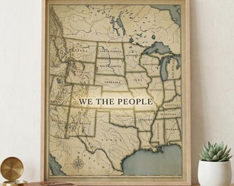 Vintage United States Map Print, We The People USA 250th Anniversary Wall Decor, 4th of July Poster, 250 Years of America Patriotic Wall Art