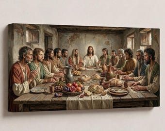 Last Supper Canvas Print – Jesus and Twelve Disciples, Panoramic Horizontal Christian Wall Art, Religious Home Decor, Dining Room Wall Decor