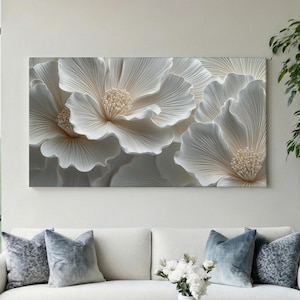 Vita 3D-blommor – Panoramabild av väggkonst, utskrivbar, texturerad gipskonst, stor horisontell väggdekor – digital nedladdning