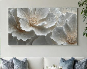 3D Flower Horizontal Wall Art Canvas – Panoramic Wall Art, Modern Floral Wall Art, Bedroom Wall Art Over the Bed, 3D Effect Canvas Print