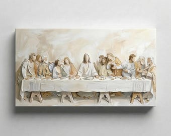 The Last Supper Painting, Panoramic Christian Wall Art, Jesus and Twelve Apostles Dining Room Art, Modern Religious Home Decor – Digital Art