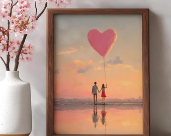 Valentines Day Romantic Wall Art, Pink Sunset Wall Art, Dreamy Pastel Art Print, Valentine Wall Decor, Above Bed Art – Digital Download