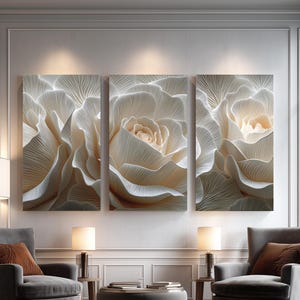 Stor 3D-väggkonst set med 3 canvastavlor, väggkonst med blommig triptyk, väggkonst med 3D-effekt och blommor, väggkonst med trio av vita rosor, 3-delad canvas EU