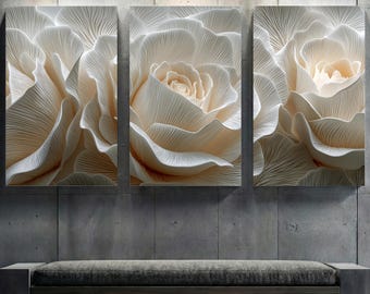 White Rose Wall Art Trio – Large 3D Wall Art, Floral Triptych Art PRINTABLE, Beige Flower Print, Wall Art Set of 3 Prints – Digital Download
