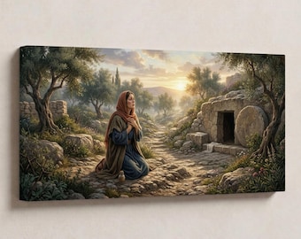Mary Magdalene at the Empty Tomb Canvas Print, Panoramic Christian Wall Art, Modern Religious Home Decor, Living Room Wall Art, Easter Decor