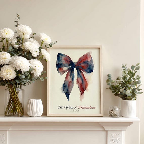 Watercolor Patriotic Bow Print – USA 250th Anniversary Wall Art, Semiquincentennial Art Printable, 250 Years of America – Digital Download