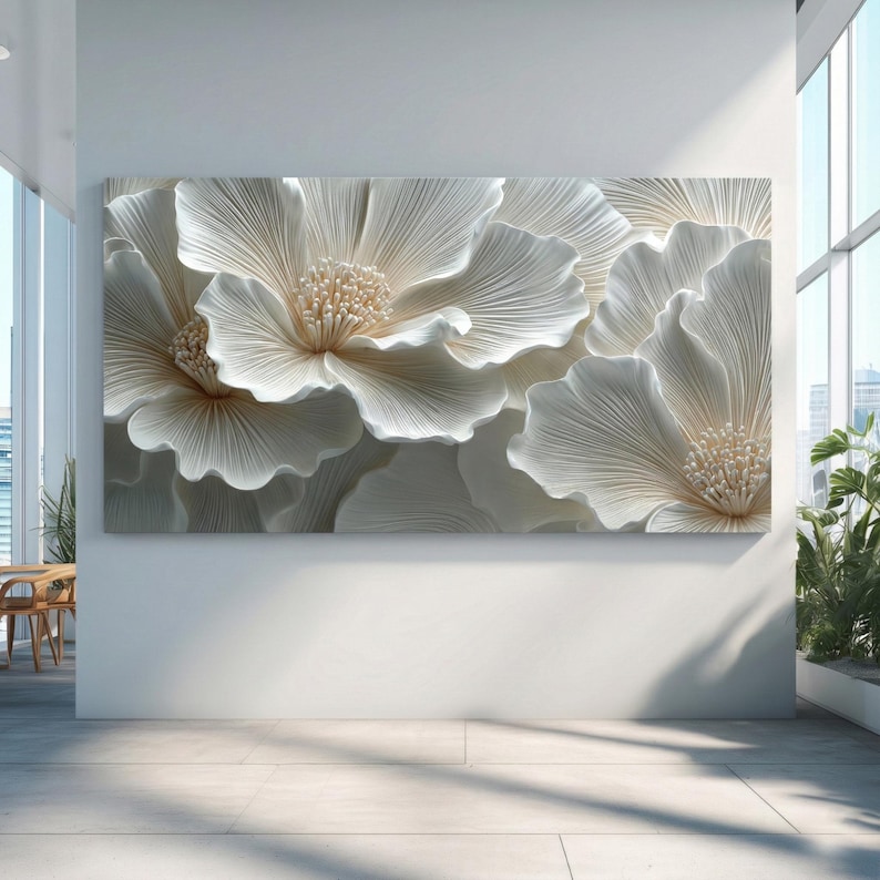 May include: A large, rectangular canvas featuring a close-up of three dimensional, white flower blossoms. The petals have detailed textures and a soft, neutral color palette. The artwork is displayed on a white wall in a modern interior.