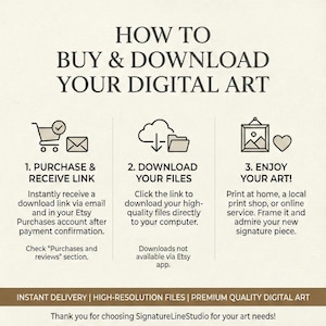 May include: A beige graphic with the text "HOW TO BUY & DOWNLOAD YOUR DIGITAL ART." It includes instructions with icons for purchasing, downloading, and enjoying digital art. The bottom banner reads "INSTANT DELIVERY | HIGH-RESOLUTION FILES | PREMIUM QUALITY DIGITAL ART."