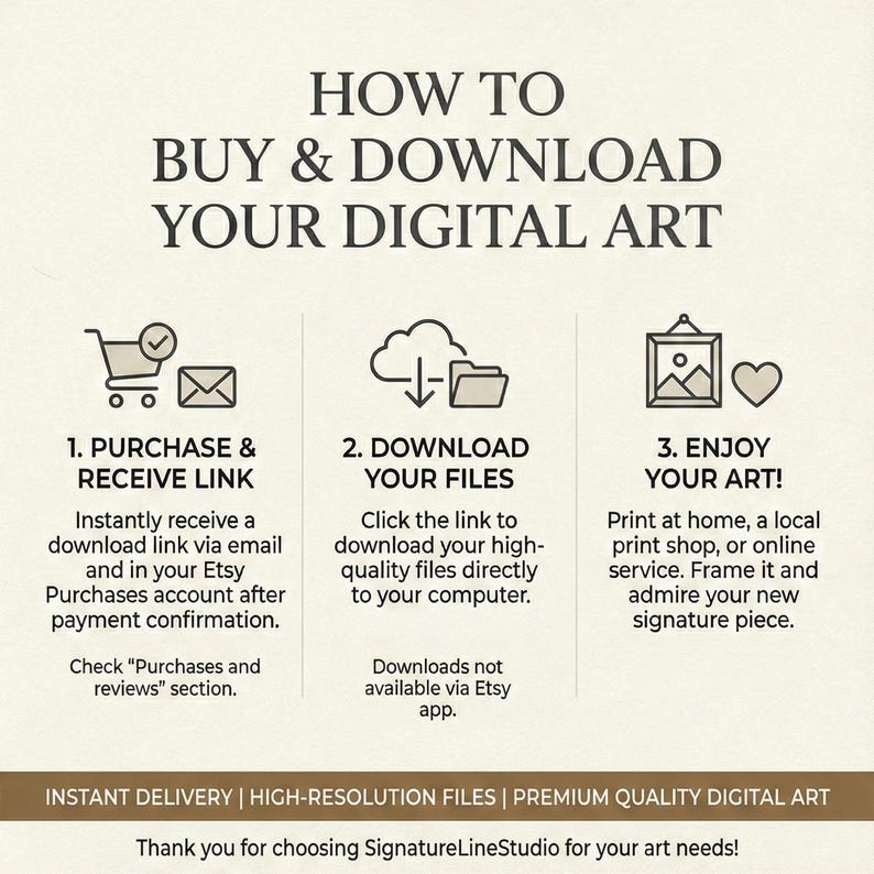 May include: A beige graphic with the text "HOW TO BUY & DOWNLOAD YOUR DIGITAL ART." It includes instructions with icons for purchasing, downloading, and enjoying digital art. The bottom banner reads "INSTANT DELIVERY | HIGH-RESOLUTION FILES | PREMIUM QUALITY DIGITAL ART."