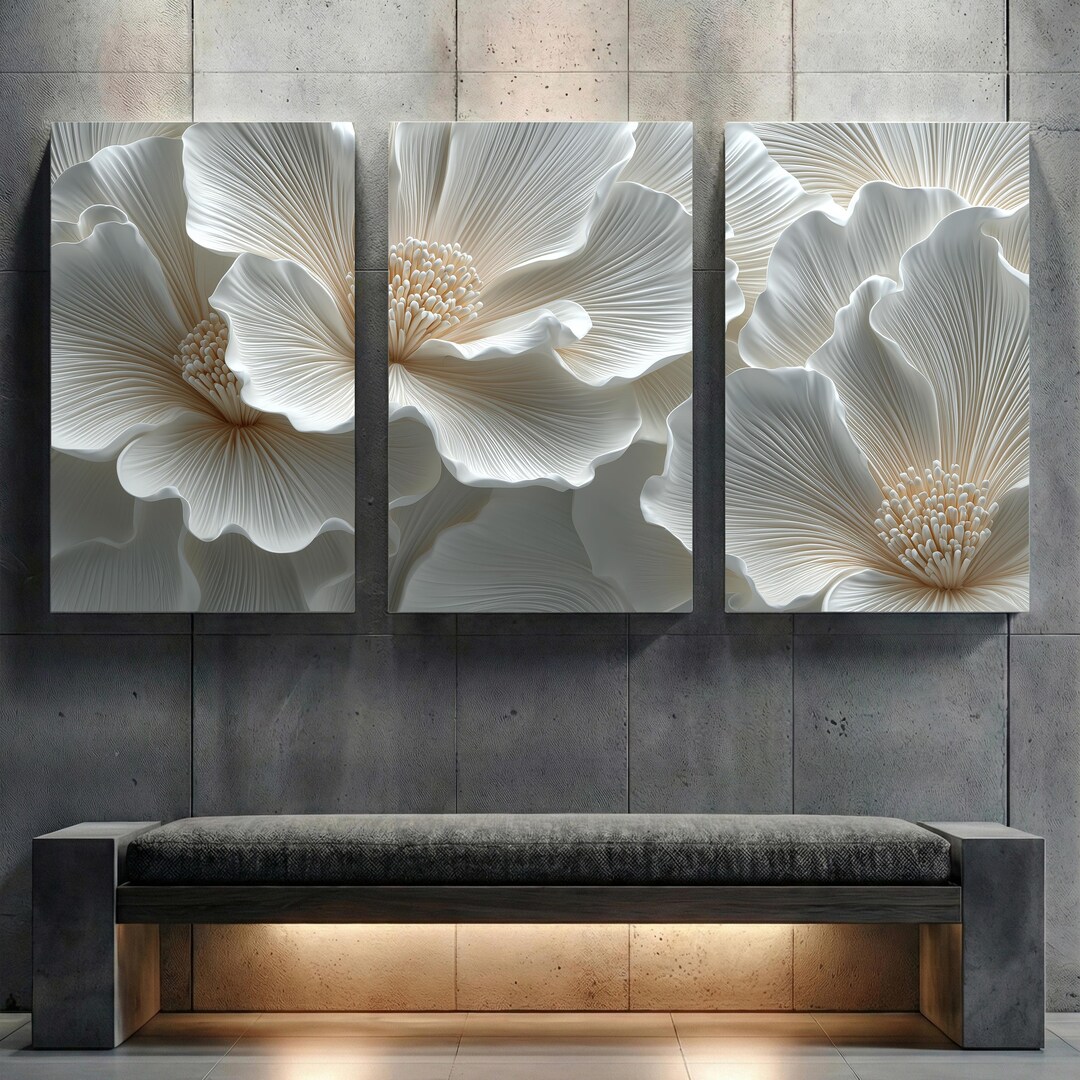 Elegant 3D Flower Wall Art – Floral Triptych Wall Art Printable, White ...