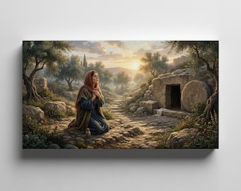 Mary Magdalene Empty Tomb Art PRINTABLE, Modern Religious Panoramic Christian Wall Art, Easter Decor, Living Room Wall Art Digital Download
