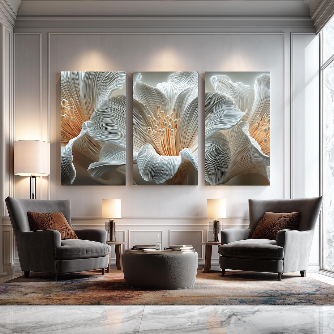 Floral 3D Wall Art Set of 3 Canvas Prints – White Lily Triptych Wall ...
