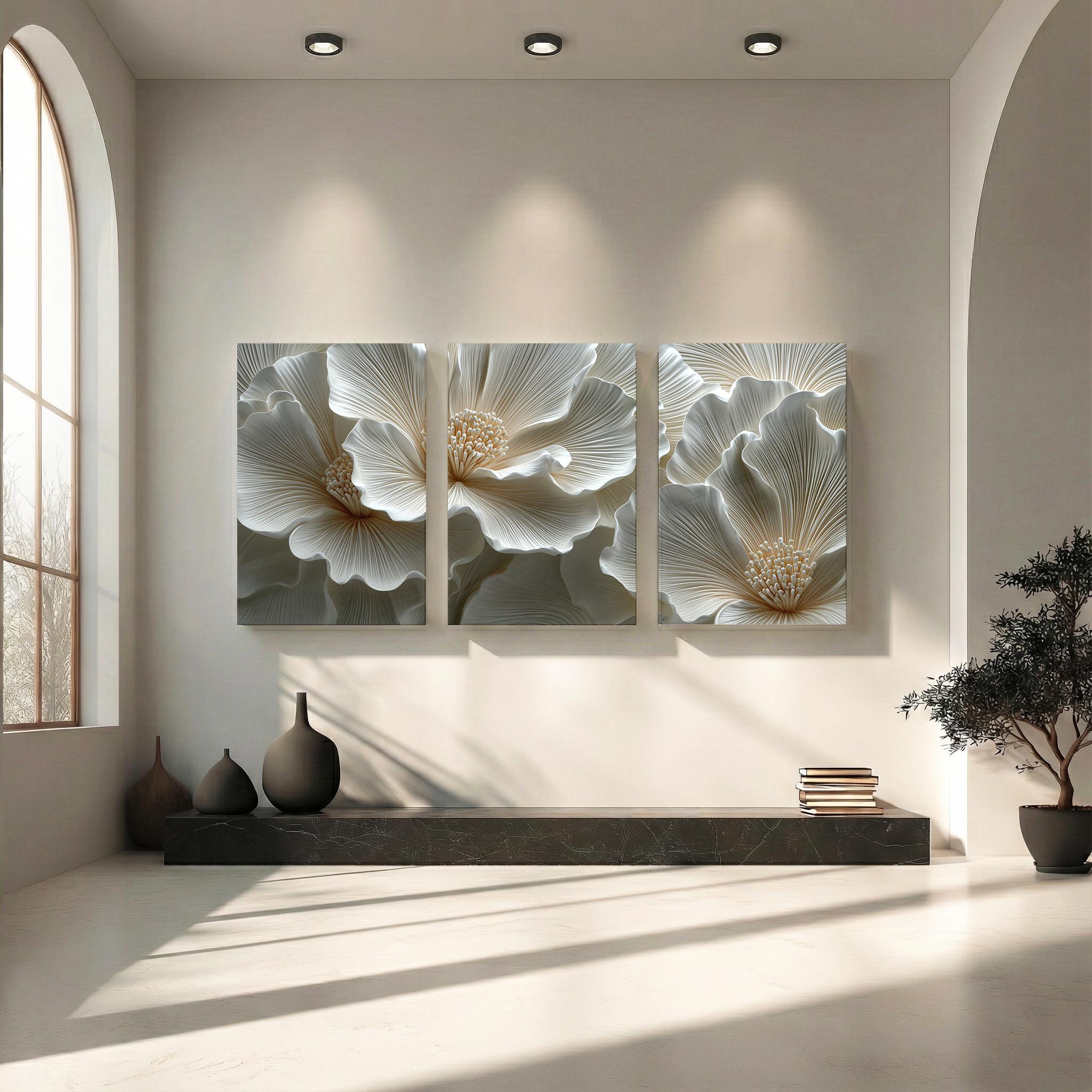 3D Effect Flower Wall Art Set of 3 Canvas Prints, Triptych Wall