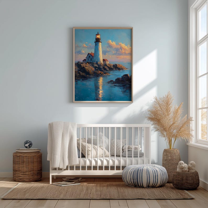 May include: A framed painting of a lighthouse on a rocky coast, reflecting in the water. The artwork features a white lighthouse with a red-roofed building, set against a blue sky with pink and orange clouds. The painting is displayed above a white crib.