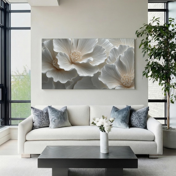 White 3D Flowers Painting – Panoramic Wall Art PRINTABLE, Textured Plaster Art Print, Large Artwork Horizontal Wall Decor – Digital Download