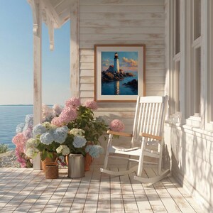 May include: A framed print of a lighthouse on a rocky coast hangs on a white wooden wall. A white rocking chair sits on a weathered wooden porch. Potted hydrangeas in shades of pink, blue, and green add a touch of color.