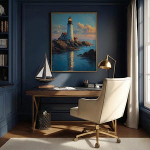 May include: An office setting with a framed lighthouse painting, a model sailboat, and a gold desk lamp. The desk has a dark wood top and a cream-colored chair. The walls are a deep blue, creating a cozy and inviting atmosphere.