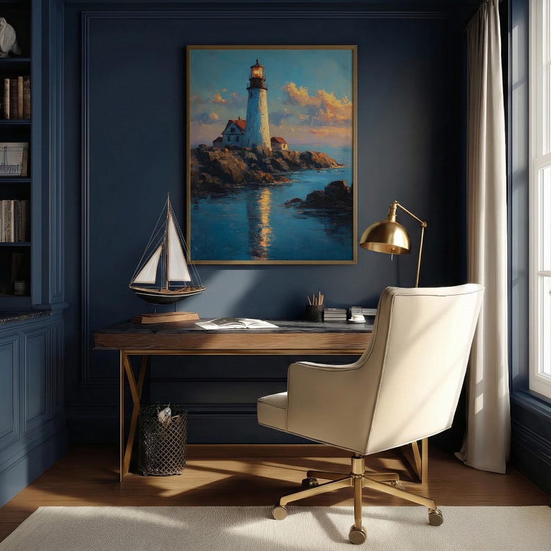 May include: An office setting with a framed lighthouse painting, a model sailboat, and a gold desk lamp. The desk has a dark wood top and a cream-colored chair. The walls are a deep blue, creating a cozy and inviting atmosphere.