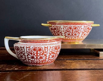 Antique Hand Painted Sugar Bowl n Creamer Cream Pitcher - Iron Red Filigree Espalier Vines n Gilt Gold on Porcelain China, Greek Key Border