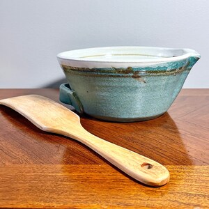 Vintage Studio Pottery Batter or Mixing Bowl - Handmade, Blue Stoneware, Cream Interior, Handle, Spout, Rustic Farmhouse Kitchen, Cooking