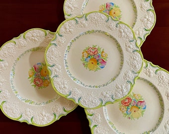 4 Vintage Crown Ducal High Relief, Hand Painted Earthenware Dinner Plates - Springtime pattern, 1915 to 1925, Floral, Embossed, Scalloped