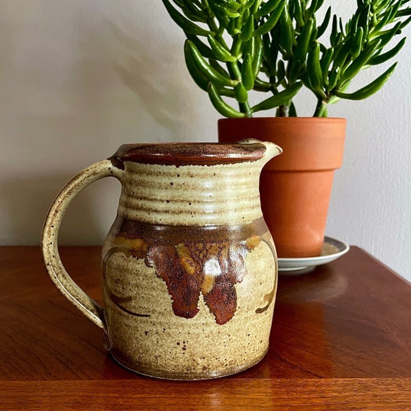 Vintage, Small Stoneware Pitcher by Lynn Lais - for Syrup, Bar Mixers or Simple Syrup, Creamer, Vase, Maryland Studio Pottery, Signed, Brown