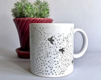 Vintage Coffee Mug - Doodle Art, Birds, Clouds, Sky, Hearts, Dark Gray n White, Hand Drawn Graphic, Office Mug, Minimalist, Vet Pilot Gift