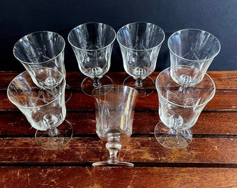 6 Vintage, Mid Century Crystal, Stemmed Goblets, Glassware - Etched, Hand Cut, Cocktail, Footed Barware, Matching Set, Colonial Traditional