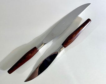 2 cuchillos de trinchar vintage de mediados de siglo: acero inoxidable y palisandro, Sheffield, Inglaterra, línea Mode Danish, 11 y 13 pulgadas