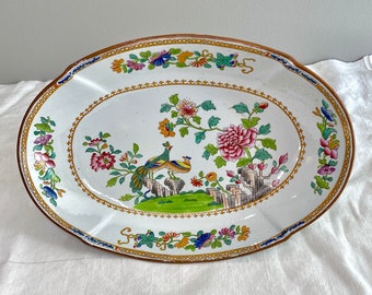 Antique Spode, Stone China, Oval Serving Dish, Birds Peacock Pheasant, Peony Flower, 2118, Chinoiserie, Polychrome Hand Painted Transferware