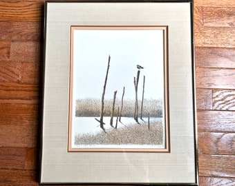 Vintage Lithograph, Serigraph, Salt Marsh, signed by artist - Hand Colored, Water Color, Peach Blue, Pen Ink, Seagull, Mangroves, Cypress