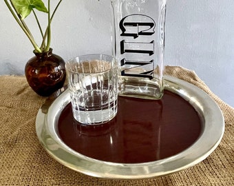 12 inch, Round Serving or Bar Tray, Wm Rogers Silver Plate n Micarta Wood Grain - Vintage, Mid Century Modern, Tea Tray