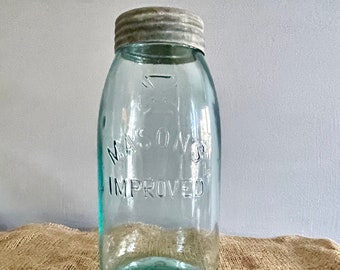 Vintage, 3 piece, Mason's Improved Glass and Zinc Canning or Fruit Jar - 9 inches, Half Gallon, Aqua Blue, Glass Lid, Hero's Maltese Cross