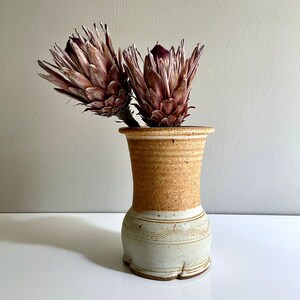 May include: A ceramic vase with a brown and white glaze. The vase has a wide base and a narrow neck. It is decorated with a wavy pattern around the top. Dried protea flowers are in the vase.
