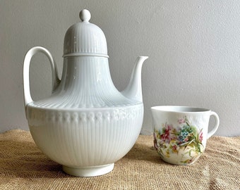 Vintage Lorenz Hutschenreuther Porcelain China Teapot Tea Pot, Elite White pattern - Embossed, Mid Century Modern, 2 piece, discontinued