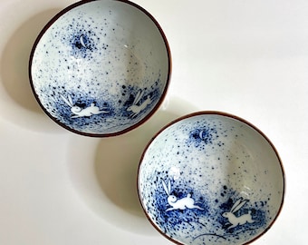 2 Kotobuki of Japan, Blue and White Porcelain China, Usagi or Rabbit Bowls - Hijiri, Wabi Sabi, Rice or Noodle Bowls, Indigo Splatterware