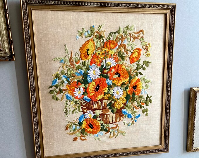 Large, Vintage Crewel Embroidery Wall Art Hanging 27x29 in - Orange ...