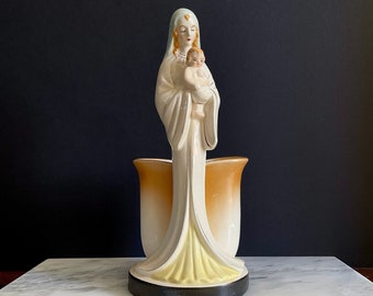 Vintage Madonna Mary and Child Porcelain China Vase or Planter Figurine Sculpture - Japan, Mid Century, Christian Catholic, Hand Painted