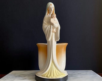 Vintage Mary Madonna & Child Porcelain Vase: Mid-Century Religious Planter, Figurine, Sculpture