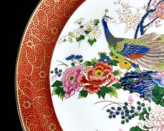 Vintage Fuji Satsuma Chinoiserie Display or Wall Plate - Peacocks, Cherry Blossoms, Chrysanthemums, Polychrome, Hollywood Regency, Japan