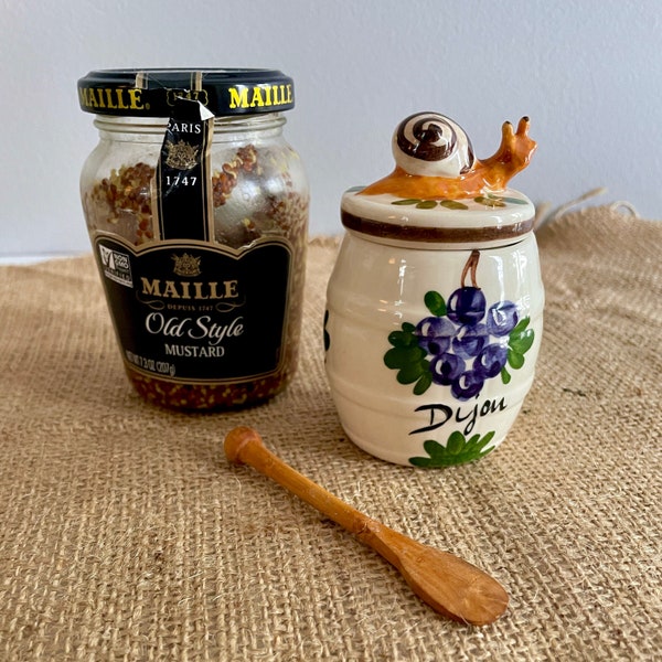 Vintage Dijon Mustard Pot, French Faience, 3 piece, Snail on Barrel, Hand Painted with Grapes - Maille 1947, Condiment Jam Pot, Jelly Jar