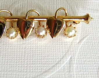 Vintage Gold and Pearl Victorian or Edwardian Revival Bar Pin, Stick Pin or Brooch - June Birthstone, Birthday Gift, Heart Shaped Leaves