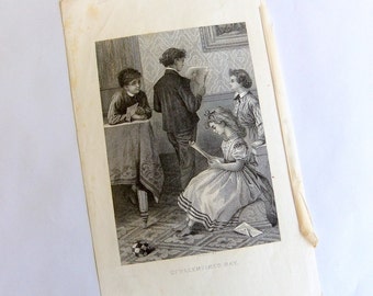 Vintage St. Valentines Day Engraving from a Book - Late 1800's, C.E. Loven, Victorian, Children, Nursery Playroom Fashion Art, Black White