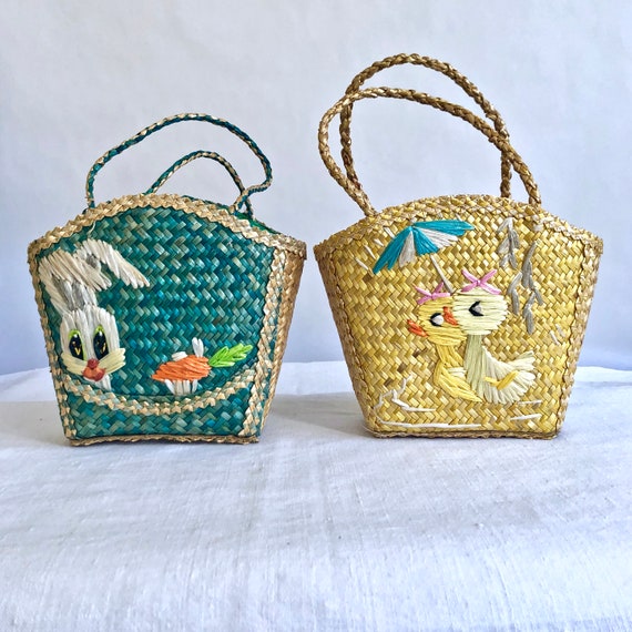 Vintage Wicker Woven Easter Basket Ducks And Parasol Yellow Etsy